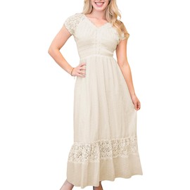 Anna-Kaci Renaissance Peasant Maiden Boho Inspired Cap Sleeve Lace Trim Maxi Dress, Beige, XX-Large