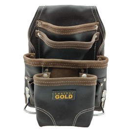 Leather Gold Heavy Duty Tool Pouch | Carpenters Tool Pouch 3150, Black, Oil-Tanned, 10 Pockets, 2 Hammer Holders, Reinforced Seams