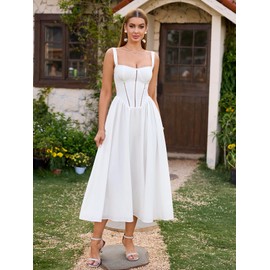 KUTUMAI Floral Corset Midi Dress Flowy Slit Summer Spring Wedding Guest Dresses for Women Sundress with Pockets White L