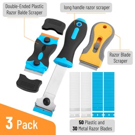 Bates- Razor Blade Scraper Set, 3 Pack, Razor Scraper Set with Extra 50 Plastic & 30 Metal Blades, Window Scraper Tool, Glass Scraper Blades, Razor Blade Retractable, Paint Scraper Tool