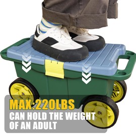 Torin AG594B Garden Cart Scooter and Seat: Garden Stool with Bench Seat and Interior Tool Tray, Rolling Storage for Weeding and Planting, Green/Blue/Black