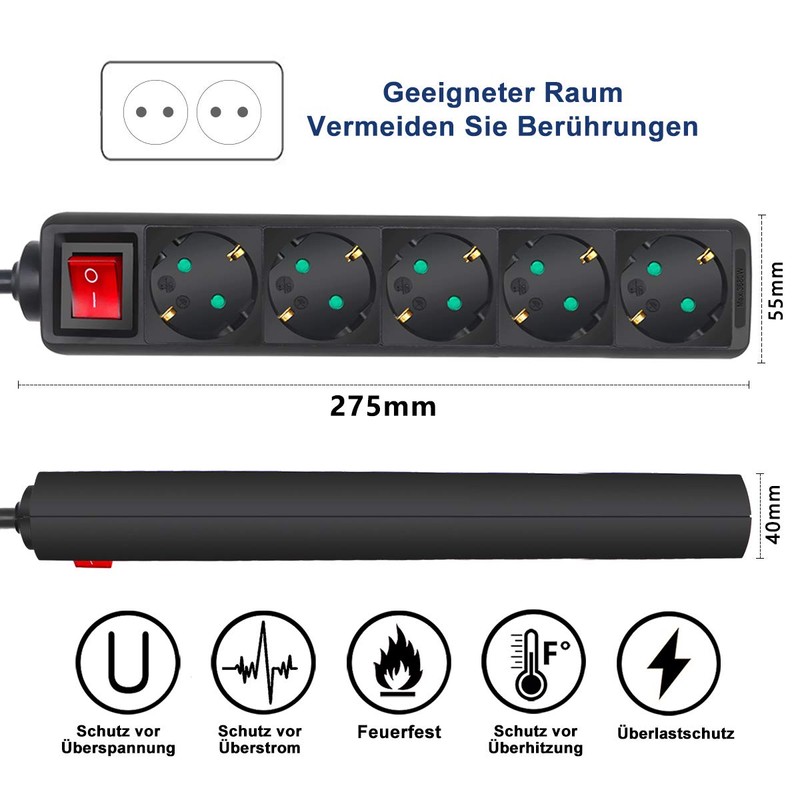 Extrastar 1.5/3/5 Metre Socket Strip, 3/4/5/6/7 Socket