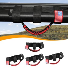 Hoolcar 4 x Roll Bar Grab Handles Paracord Grip Handles Compatible with 1955-2023 Jeep Wrangler YJ TJ JK JKU JL JLU & Gladiator JT, Black & Red, American Flag, Interior Accessories