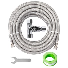 SUNGATOR Refrigerator Water Line Kit, 1/4" Comp X 1/4" Comp Ice Maker Hose, 25 Feet Stainless Steel Braided Ice Maker Water Supply Line with A Tee Stop Valve, Wrench and Sealing Tape