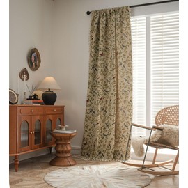 USTIDE Farmhouse Cotton Linen Curtain Light Filtering Curtain Pastoral Tassels Curtain Floral and Birds Print Curtain for Bedroom Living Room Office,150x160cm,1Panel