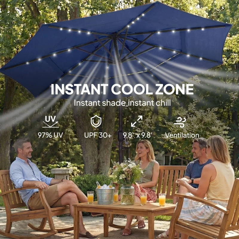 "Solar-powered 9.7 ft Navy Blue Patio Umbrella with 3 Tier