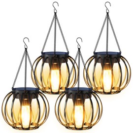 AOUNQ Solar Lanterns Outdoor Waterproof 4 Pack, Upgraded Metal Hanging Solar Lights for Outside with Auto On/Off & Hook - Brighter Hanging Outdoor Lanterns Decorative Lighting for Garden Patio Yard