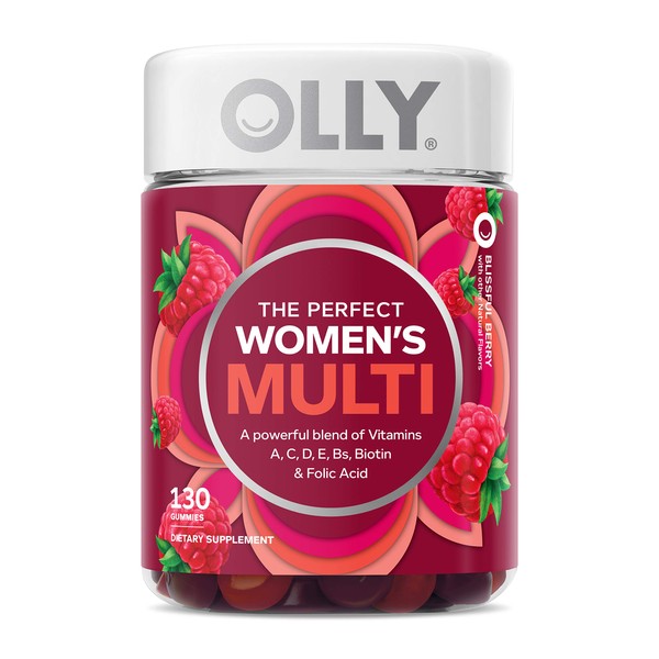 OLLY The Perfect Womens Gummy Multivitamin, 65 Day Supply (130 Gummies), Blissful Berry, Vitamins A, D, C, E, Biotin, Folic Acid, Chewable Supplement (Packaging May Vary)