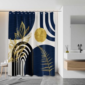 LanZanthic Boho Shower Curtains for Bathroom Abstract Navy Blue and Gold Mid Century Modern Wet Room Shower Curtain, Washable, Waterproof, Cloth Fabric, 180 x 180 cm