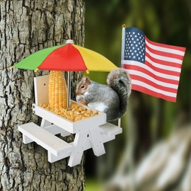 Squirrel Feeder Picnic Table with Colorful Umbrella, Wooden Squirrel Table Feeder Outside Funny with Corn Cob Holder for Yard and Porch Decoration, Easy to Fill Peanuts in Shell and Nuts