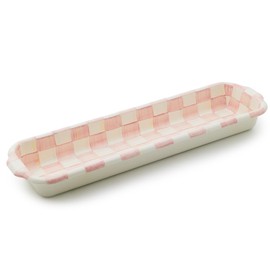 MACKENZIE-CHILDS Enamel Baguette Dish, Serving Dish for Sliced French Baguette Bread, Pink-and-White Rosy Check