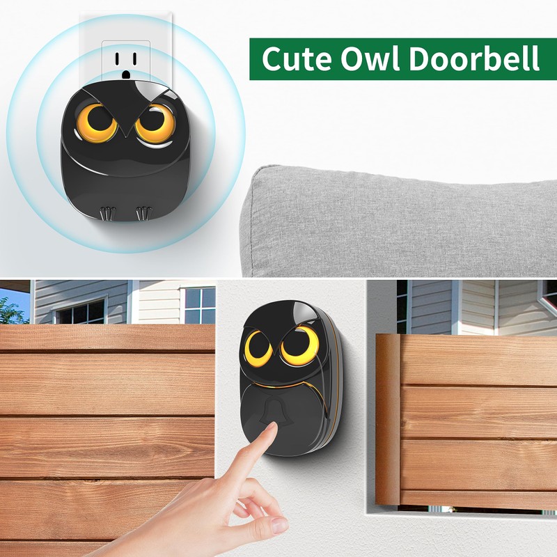 Wireless Doorbell, Cute Owl Doorbell Weatherproof IP55 Outdoor Remote Push