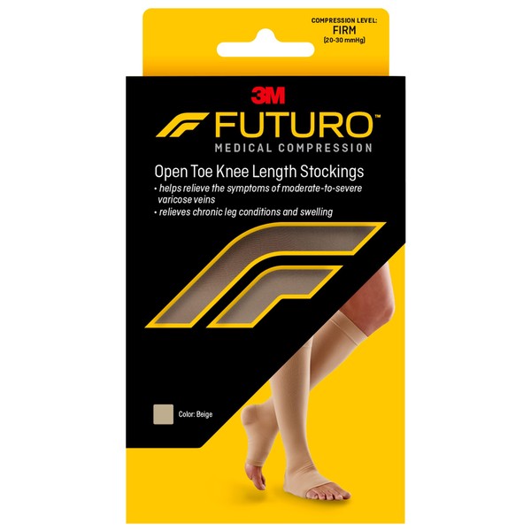 FUTURO Open Toe Knee Length Stockings for Men & Women, Large, Beige, Firm (20-30 mm/Hg)