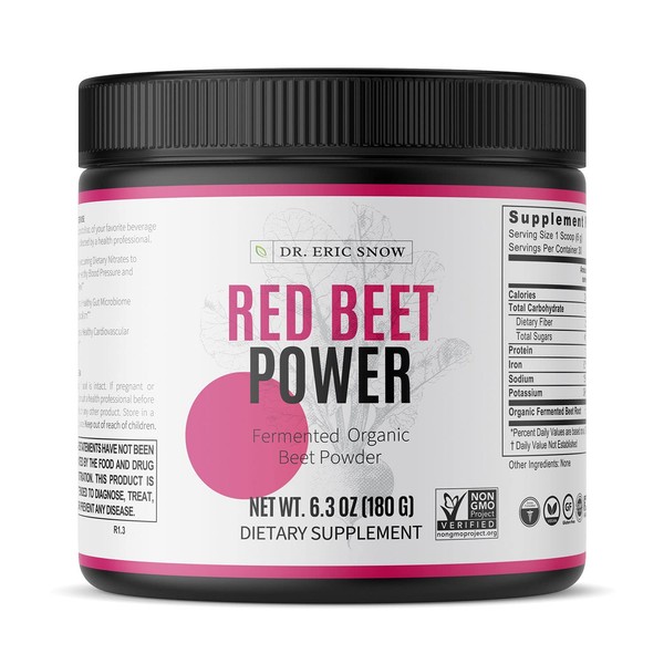 Red Beet Power Drink Mix, 100% Organic & Fermented Beetroot Drink Powder, No Sugar, 6.3 oz, 30 Servings, Dr. Eric Snow