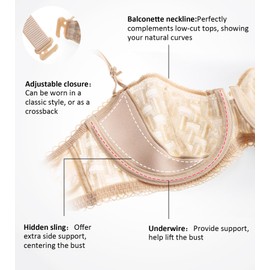 DotVol Women's Lace Sheer Balconette See Through Unlined Underwire Everyday Bra(Beige,38DD)