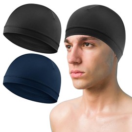 COMNICO 2 Pcs Men Skull Caps Beanie Multifunctional Sleep Hats Breathable Headwear Sweat Absorbent Liner Cap for Men Women (Black+Navy Blue)