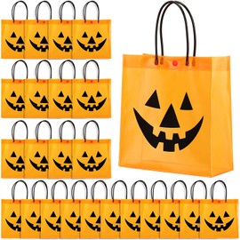 Kolldenn 24 Pcs Halloween Clear Plastic Gift Bags with Handle Trick or Treat PVC Pumpkin Goodie Candy Bags Reusable Tote Bag for Party Favor Gifts Supplies(Pumpkin,9.84x 9.84x 3.54 Inch)