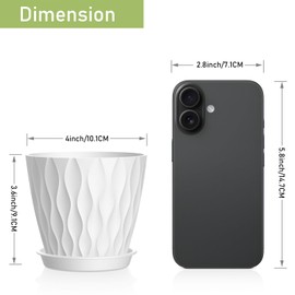 UOUZ UOUZ 6 Pack 4 Inch Small Plant Pots with Saucers, 3D Textured Plastic Planters with Drainage Holes for Indoor and Outdoor Plants, Flowers, Herbs, Succulents, and Seedlings, White