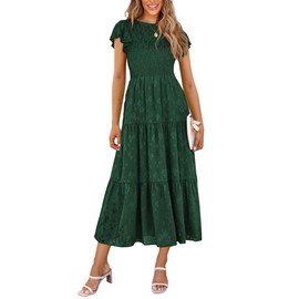 PRETTYGARDEN Wedding Guest Dresses for Women 2025 Summer Floral Cap Sleeve Smocked A Line Long Elegant Party Boho Dress (Dark Green,Medium)
