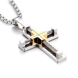 YL Cross Necklace for Men 316L Stainless Steel Medium Jesus Christ Pendant White/Gold Plated Jewelry Rolo Chain for 24''