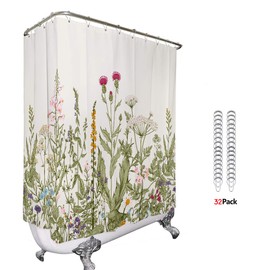 Riyidecor Clawfoot Tub Extra Wide Shower Curtain 180Wx70H Inch Wrap All Around Circular Round Floral Wildflower Botanical Tulip Plants Ivy Herbs Decor Bathroom Polyester Waterproof Metal Hooks 32 Pack