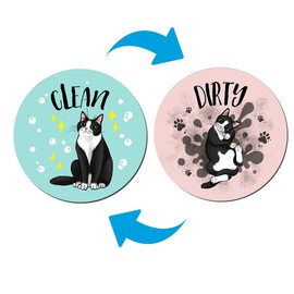 WIRESTER 3.5 inch Dishwasher Clean Dirty Flip Sign Double-Sided Decoration for Kitchen Dishwasher Washing Machine, Playful Postures Tuxedo Cat