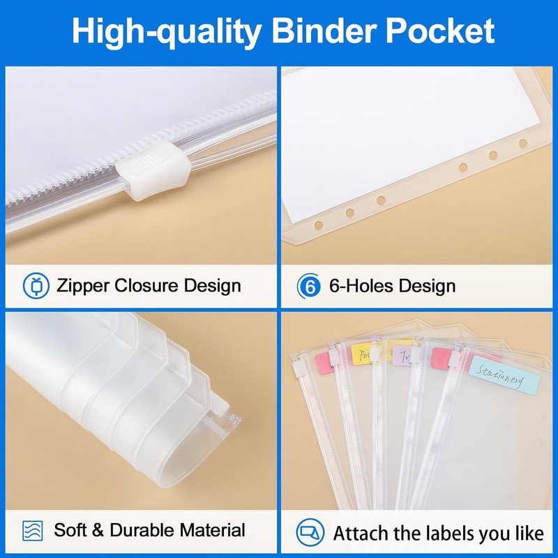 10 Pcs Binder Pockets A5 Size 6 Hole Binder Zipper
