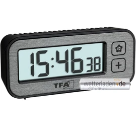 TFA Dostmann Wireless Alarm Clock Digital with Temperature and Humidity Switch, 60.2522.10, with Maximum and Lowest Values, with Alarm and Radio-Controlled Clock, Travel Alarm Clock, Small,