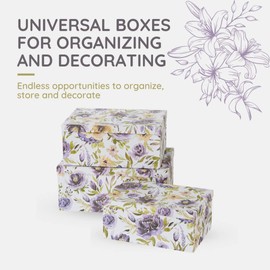 Soul & Lane Decorative Cardboard Storage Boxes with Lids for Home Decor and Organization, Set of 3 Large Keepsake Boxes for Memories & Gifts, Nesting Floral Photo Storage Containers, Purple Passion