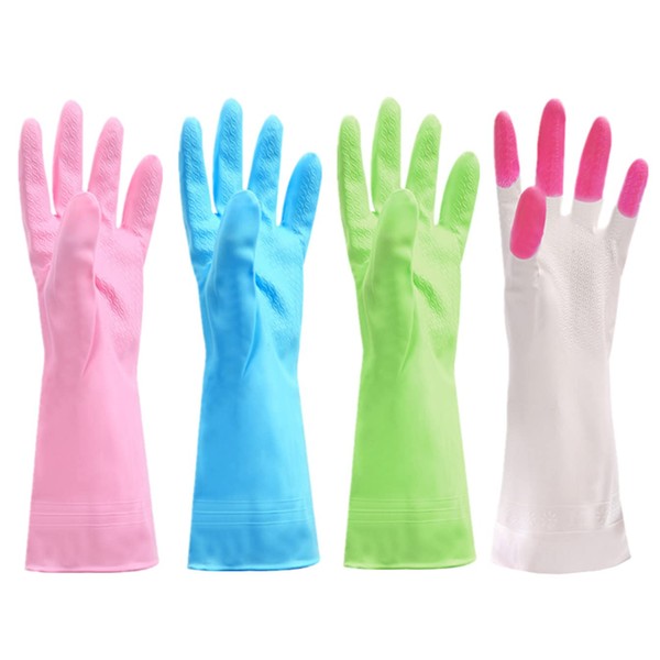 4 Pairs Rubber Gloves Reusable Dishwashing Gloves Soft Waterproof Household