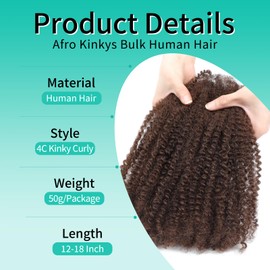 Humistwbiu Afro Kinkys Bulk Human Hair for Dreadlocks Extensions Repair Locs/Twists/Braids 12 Inch 4C Afro Kinky Curly Human Hair 1 Pack 50 Gram 4#