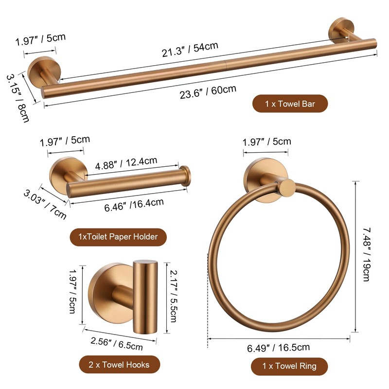 TURS Brushed Rose Gold 5 Piece Bathroom Hardware Set, SUS304