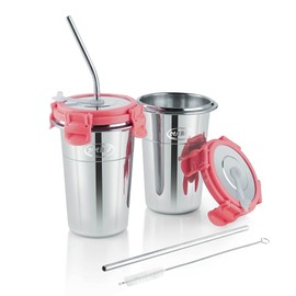MARU Stainless Steel Tumbler with Silicon Aperture Steel Lid Leak Proof Set of 2 pcs with 2 Straws 1 Brush | Steel Glass with Lid Capacity 400ML Pink