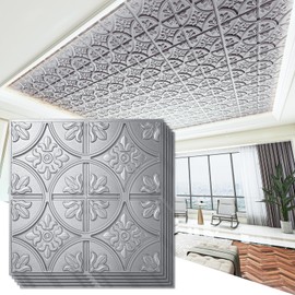 Art3d Drop Ceiling Tiles 2x2, Glue-up Ceiling Panel, Fancy Classic Style, Argent Silver