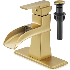 HOIGY Waterfall Faucet, Brass Brushed Gold Bathroom Faucet, 4 Inch Single Handle Bathroom Faucets 1 Hole or 3 Holes, Bathroom Sink Faucet with Drain Supply Hoses Deck Plate for Modern RV Farmhouse