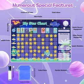 Zoelele Children's Weekly Planner, Dinosaur Montessori Reward Board for Children, Magnetic Board Including 30 Tasks + 70 Stars + 2 Markers, Writeable & Wipe-Clean, Star Plan for Fridge (Blue)