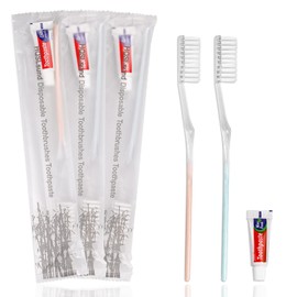 HQSLsund 100 Pack Disposable Toothbrushes with Toothpaste Individually Wrapped, Travel Toothbrushes Bulk, Soft Bristle, 2 Colors, Travel Toothbrush Kit
