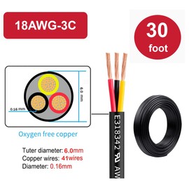 18 Gauge Wire 3 Conductor,30FT 18AWG Electrical Wire Stranded PVC Cord Oxygen-Free Copper Cable, 3 Core Copper Flexible Cable Wire for LED Lamp Lighting Strips Automotive (18AWG-3C, 30FT)