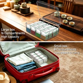 Aserelix Tea Bag Organizer, 2 Pcs Clear Tea Organizers, Acrylic Storage Box with Lids, Stackable Partition Holder for Drawers, Countertops, Fridge, Kitchen (16 Compartments + 8 Compartments)