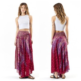 Happy Trunks Boho Gypsy Maxi Skirt for Women - Flowy High Waisted Hippie Skirt, Summer Bohemian Clothes, Plus Size, Perfect for Beach and Festivals (Large/X-Large, Red Peacock)