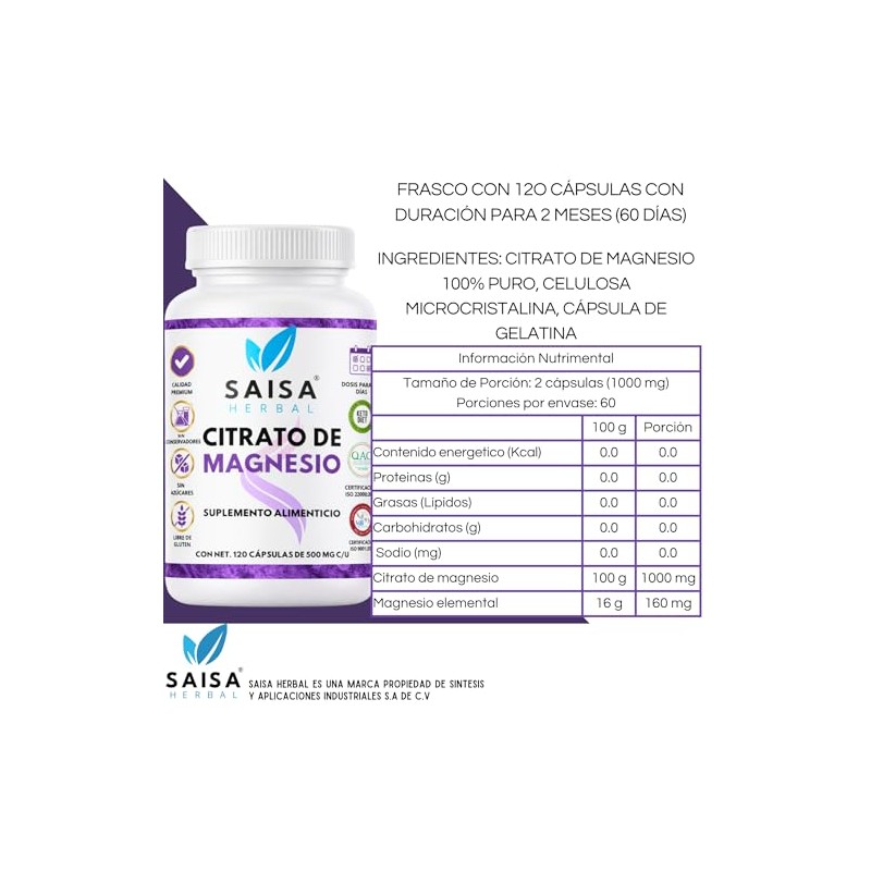 Citrato De Magnesio Citrato De Potasio 240 Cápsulas Cu Saisa