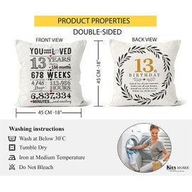 Kies HOME®(Double-Sided) Gifts for 13 Year Olds Girl and Boy Cushion Covers 18x18 Inch 13th Birthday Decorations Girls 13th Birthday Granddaughter Gifts for Boys and Girls Cushion Cover 45x45 cm