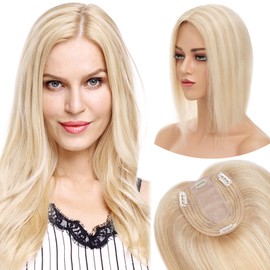 MY-LADY Human Hair Toppers for Women Real Human Hair for Thinning Hair 10 * 12CM Silk Base Hairpieces No Bangs 130% Density Straight Clip in Remy Hair Pieces 8 Inch #18/613 Ash Blonde & Bleach Blonde
