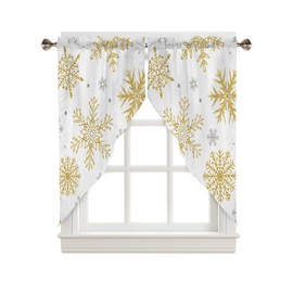 Chees D Zone Swag Curtain,Christmas Gold Foil Snowflake White Kitchen Valances Rod Pocket Curtains Tier Pair Swag Topper,Winter Grey Snow 2 Panels Window Treatment for Bathroom Living Room Bedroom