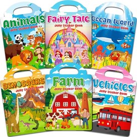 6 Sets Reusable Sticker Books for Toddlers 3+ Years, Jelly Sticker Book for Kids, Travel Stickers Activity Book Travel Toys for Toddlers