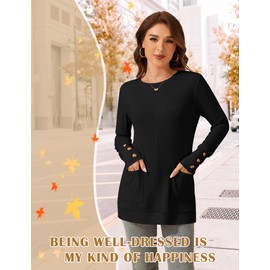 LOMON Tunic Tops for Women Loose Fit Dressy Crew Neck Long Sleeve Tops for Women Work Top for Womens with Leggings Black L