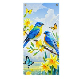 BlissYard Spring Door Banner Spring Door Cover Decorative with Bluebirds and Daffodils Spring Backdrop 70x35 Inch Seasonal Welcome Sign Vertical Decoration Door Hanging for Porch Entryway Garden Decor