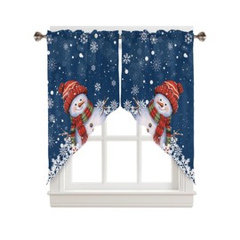 BEMIGO Christmas Kitchen Window Swag Curtains - Blue Cute Snowman Farmhouse Valance for Kitchen Bedroom, Snowflake Rod Pocket Over Sink 36" x 36",2 Panels