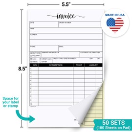 321Done Invoice Pad, 5.5x8.5 Small 2-Part Carbonless, Made in USA, Carbon Copy Sales Receipt Book Purchase Order Form for Small Boutique Craft Business (50 Sets) White/Yellow, Thick Paper
