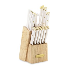 FARBERWARE 15-Piece Knife Block Set, Triple-Riveted High-Carbon Stainless Steel Kitchen Knives, Razor Sharp Blades, Wood Storage Block, White/gold